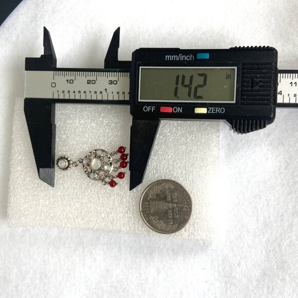 Sterling Silver 925 White Mother Of Pearl Red Beaded Chandelier Dangle Earrings - Picture 15 of 16